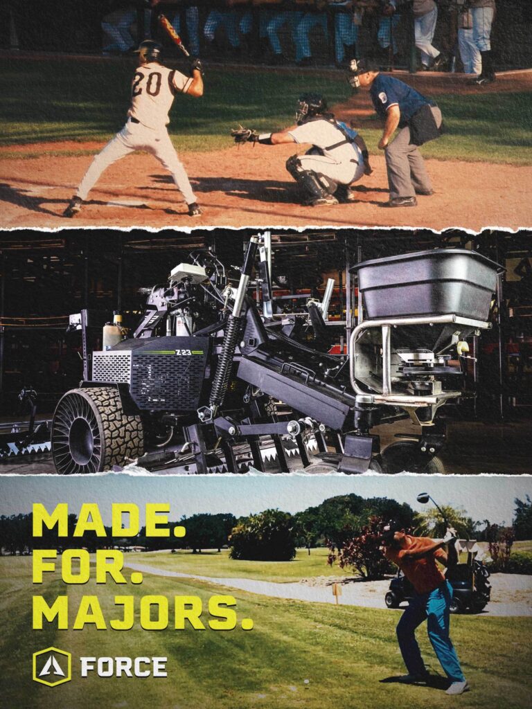 'Made For Majors' Poster displayed with 3 photos. Top photo is a baseball team playing, second is the Force, the third is a golfer.